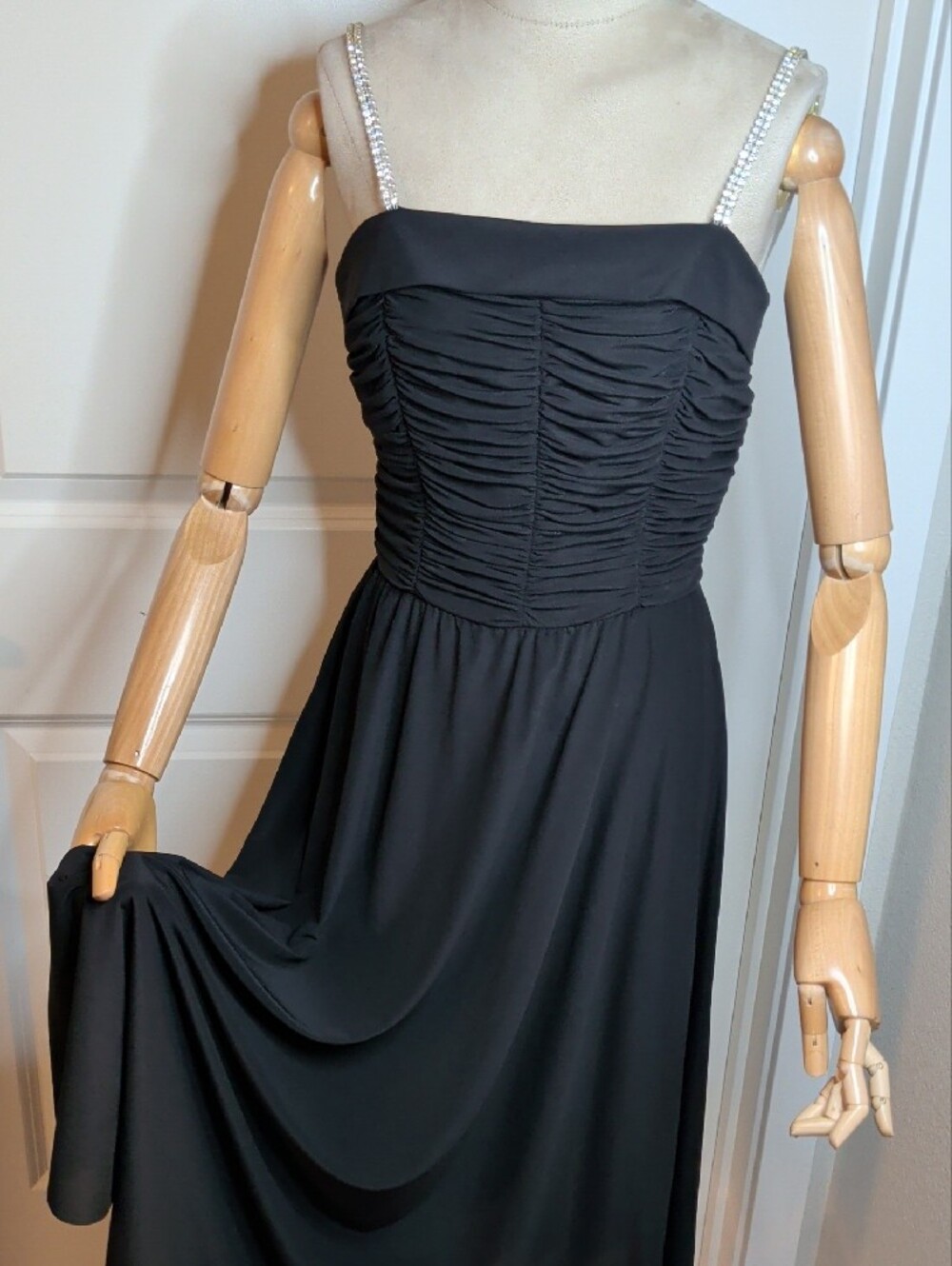 Vintage 80s Warren Petites Classic Black Dress w/ Rhinestone Straps SZ 6 Union